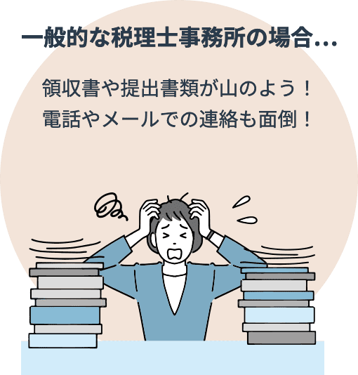 一般的な税理士事務所の場合…領収書や提出書類が山のよう！電話やメールでの連絡も面倒！